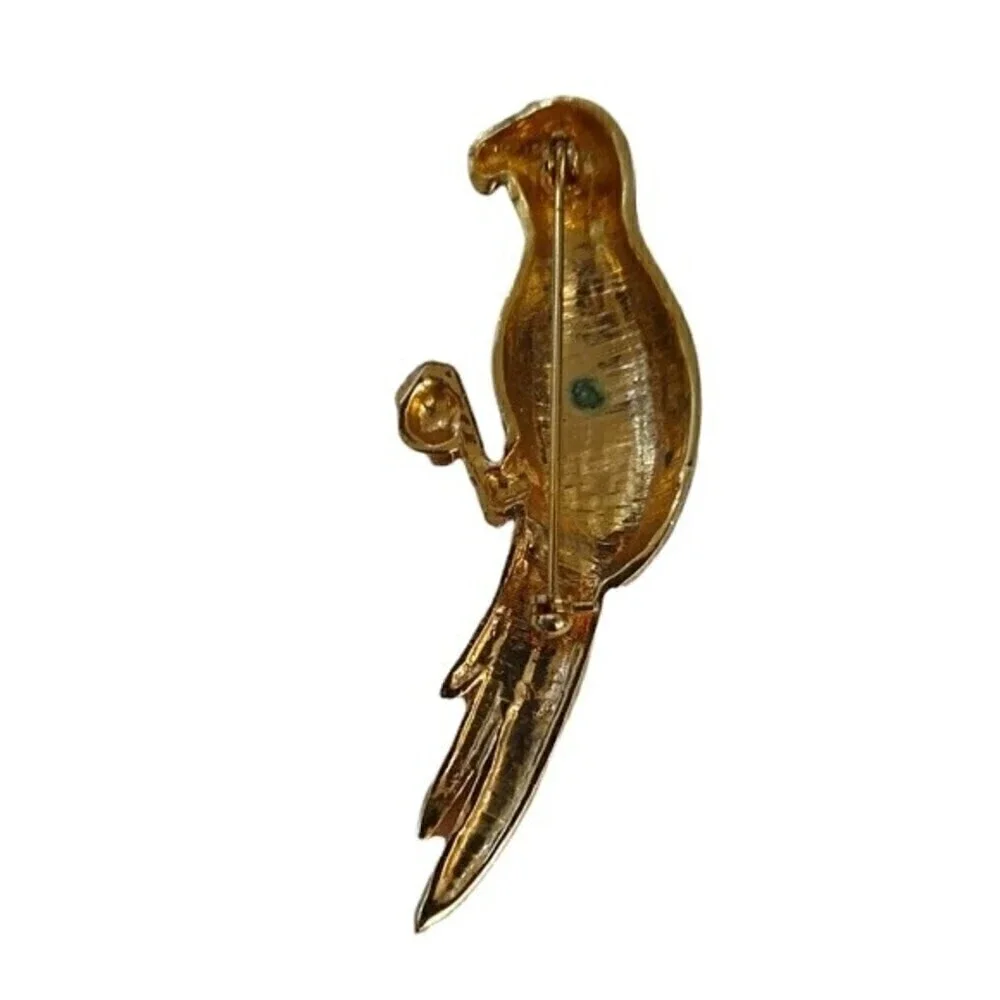 Parrot Rhinestone Bling Brooch Pin Goldtone Red Blue